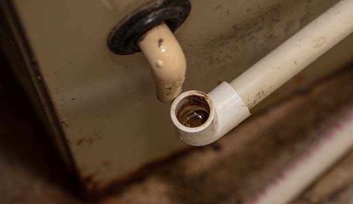 A clogged PVC AC condensate drain line