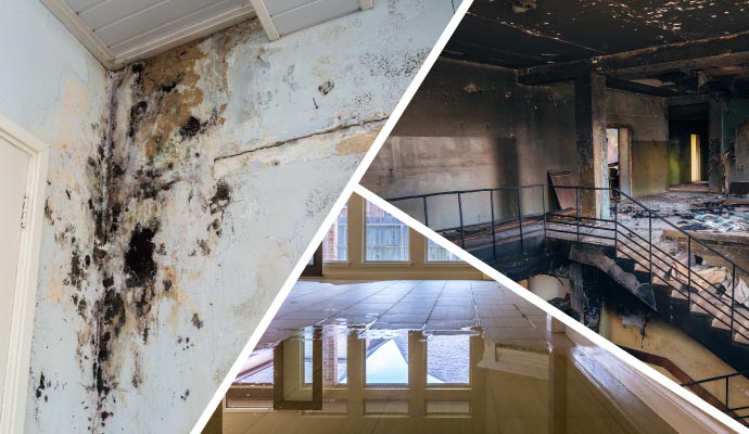 Collage of water fire and mold damage