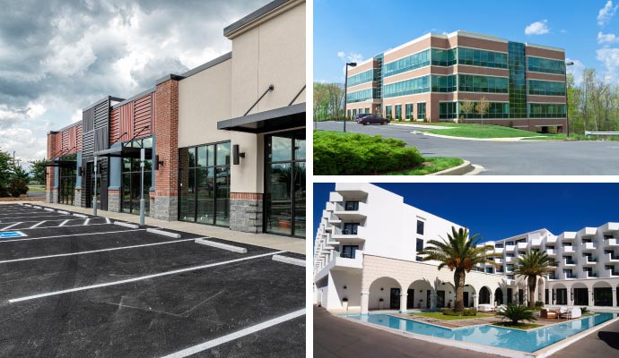 Collage showing board-up services for retail, office, and hotel buildings