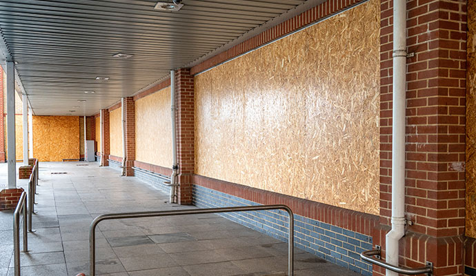 Boarded-up retail store