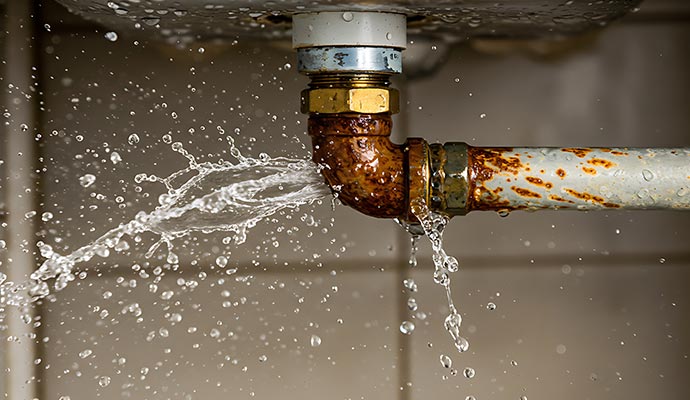 Water spraying from a burst rusted pipe under a sink during an emergency