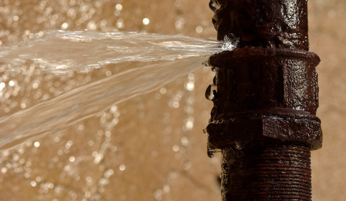 Burst rusty pipe spraying water