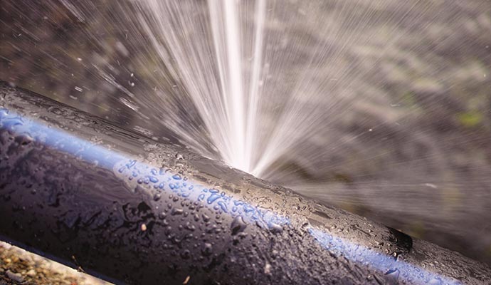 High-pressure water spraying from a burst black water line
