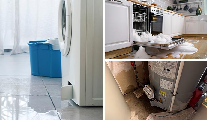 Collage of appliance leaks, washing machine overflow and heater leakage