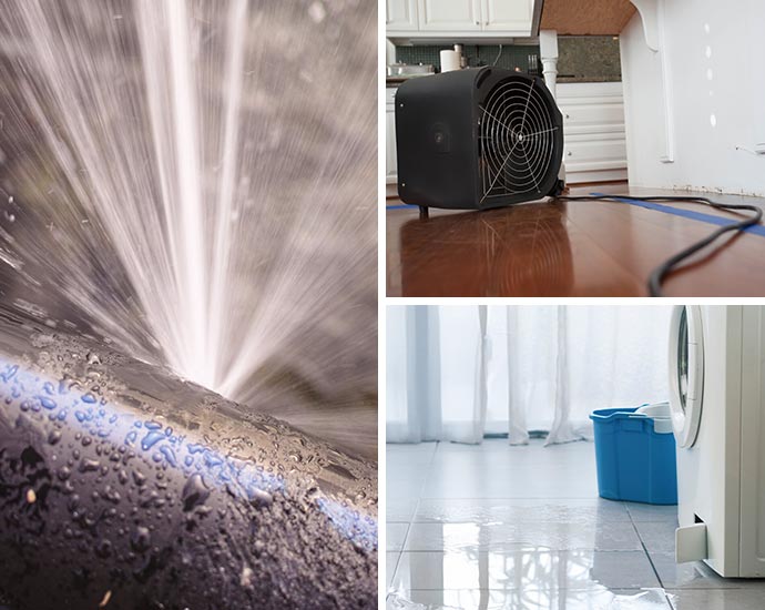 Collage of burst water pipe, water damage restoration, and appliance leakage