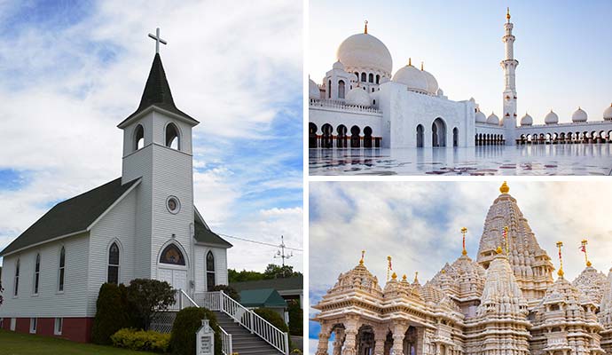 Collage of church, mosque and temple