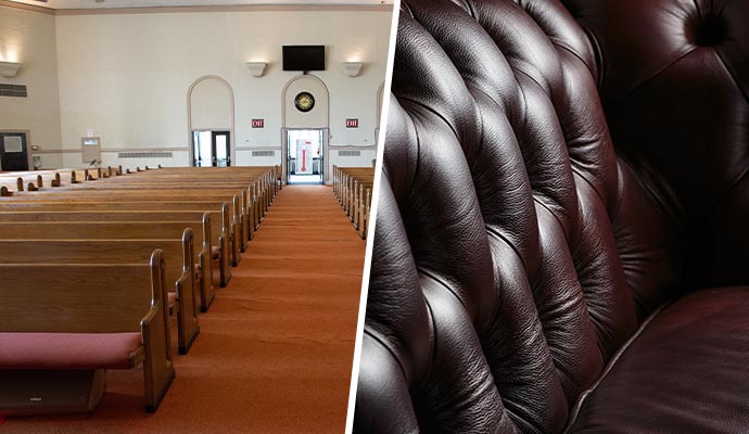 Collage of church pew and leather upholstery