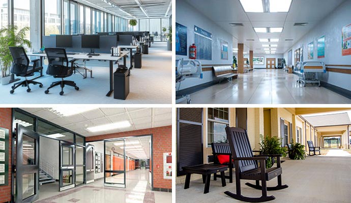 Collage of commercial office, healthcare, school and assisted living facilities