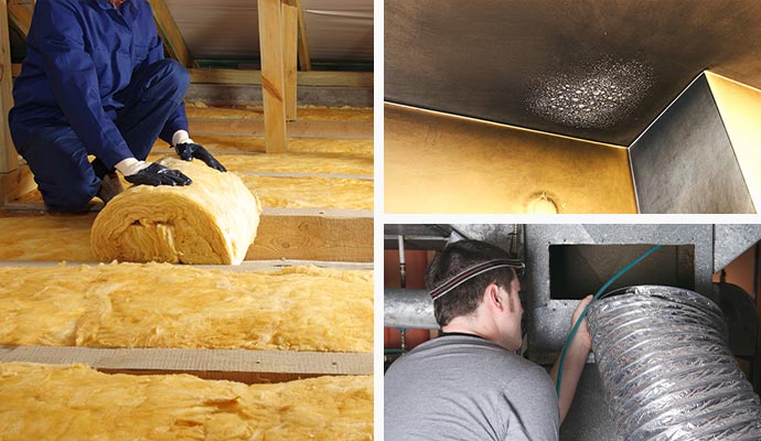 Collage of fiberglass insulation, soot damage ceiling and air duct system