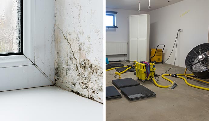 Collage of moldy wall and dehumidifier