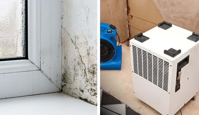 Collage of moldy wall and dehumidifier