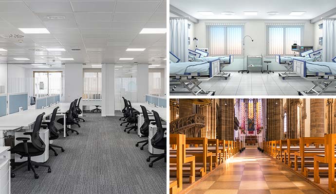 Collage of office, hospital and church interior view