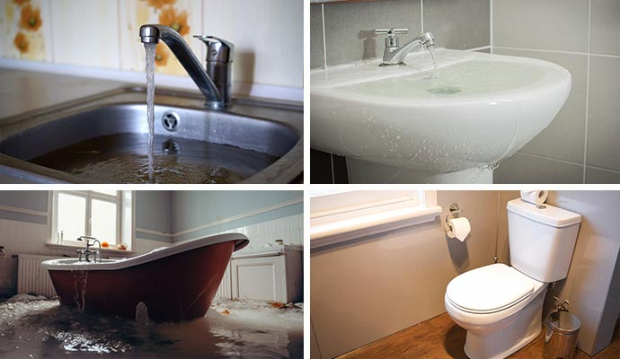 Collage of overflowing sink, bathtub and toilet