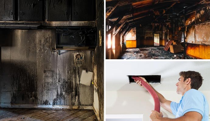 Collage of soot damaged, fire damaged property, and duct cleaning service