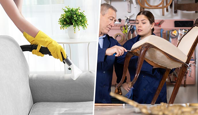 Collage of upholstery cleaning and furniture repairing services