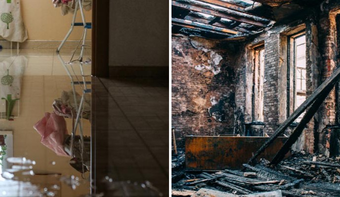 Collage of water damaged floor and fire damaged house