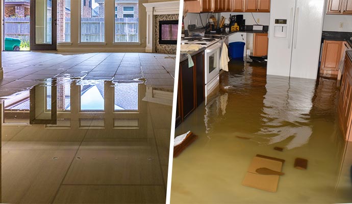 Collage of water damaged floor and flood damaged kitchen