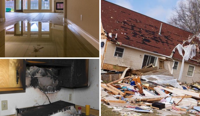 Collage of water-damaged floor fire damaged kitchen and storm damaged house 