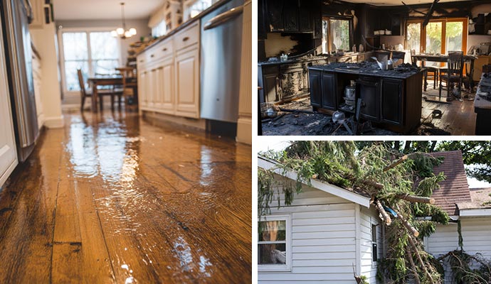 Collage of water damaged room, fire damaged kitchen and storm damaged house