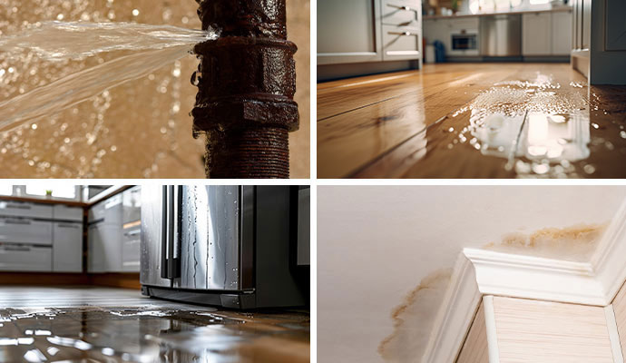 Collage showing a burst pipe spraying water, a flooded kitchen floor due to plumbing leak, appliance leak and water stains on a ceiling requiring emergency restoration