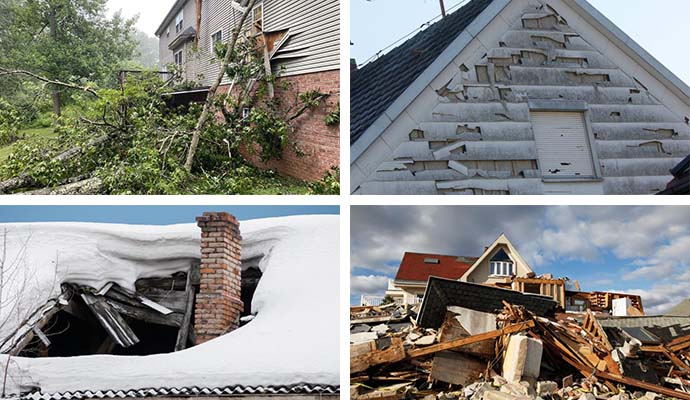 Collage of wind damaged, hail damaged, snow damaged and tornado damaged property