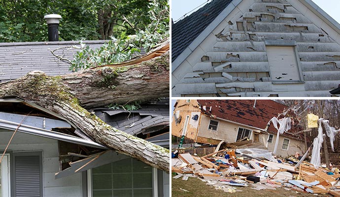 Collage of wind, hail, and tornado-damaged property