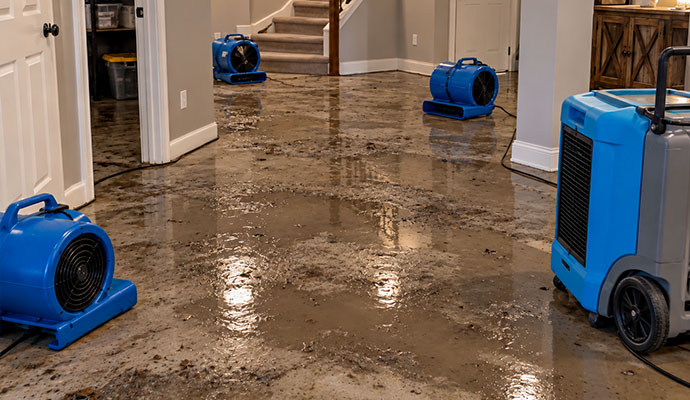 Commercial dehumidifiers and air movers drying flooded basement floor