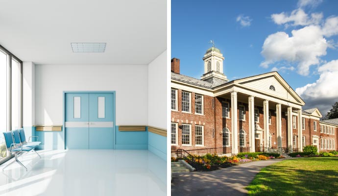 Collage of clean and restored hospital and school
