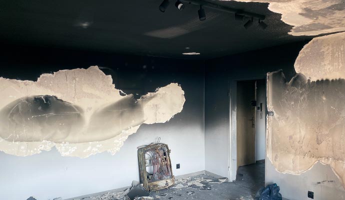Smoke and soot damaged room