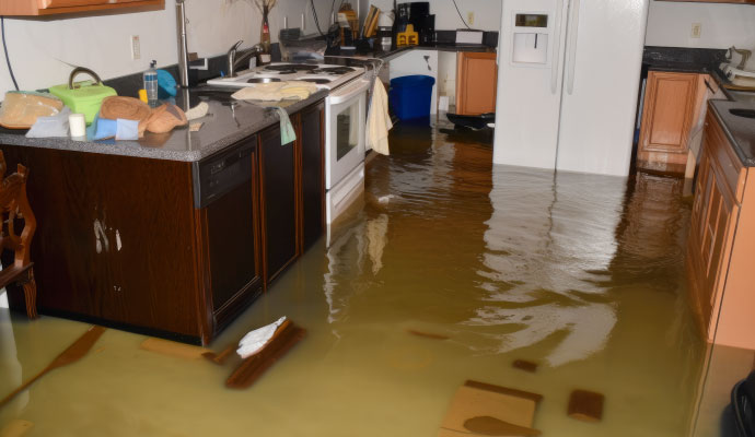 Flooded kitchen with murky water covering the floor