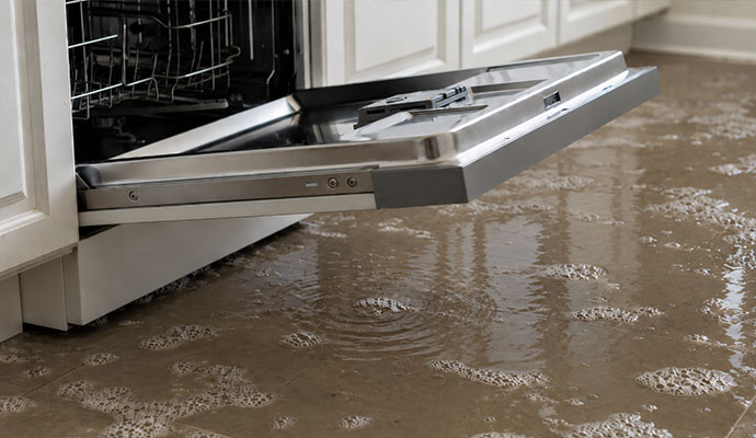 Dishwasher leaking soapy gray water onto residential kitchen floor