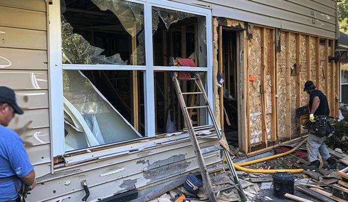 Professional restoration crew repairing a house with significant structural damage and broken windows after a disaster