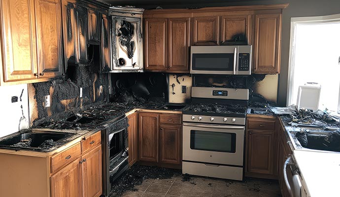 Fire damage to kitchen cabinets