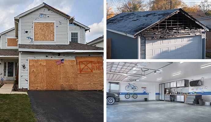 Collage of boarded up house, structurally damaged roof by fire and clean garage interior