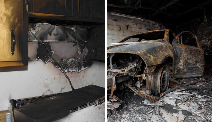 Collage of kitchen fire and vehicle fire inside garage