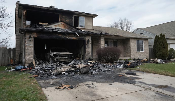 Fire damaged garage and vehicle