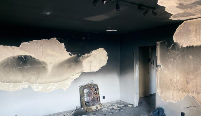 Smoke and soot damaged room