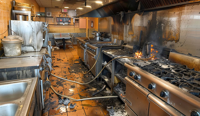 Fire damaged restaurant kitchen