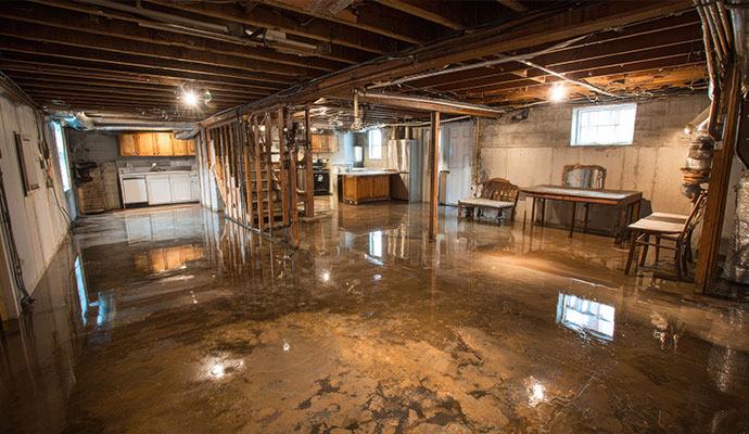 Large residential basement flooded with standing water requiring emergency extraction and structural drying services