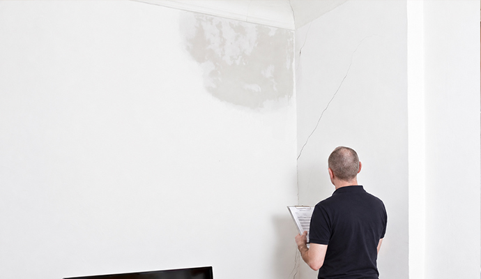 Restoration inspector assessing wall cracks and water stain with clipboard