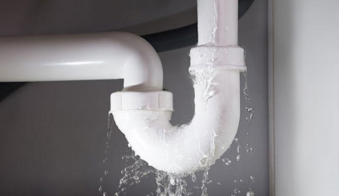 Water leaking from a white PVC P-trap pipe under a sink