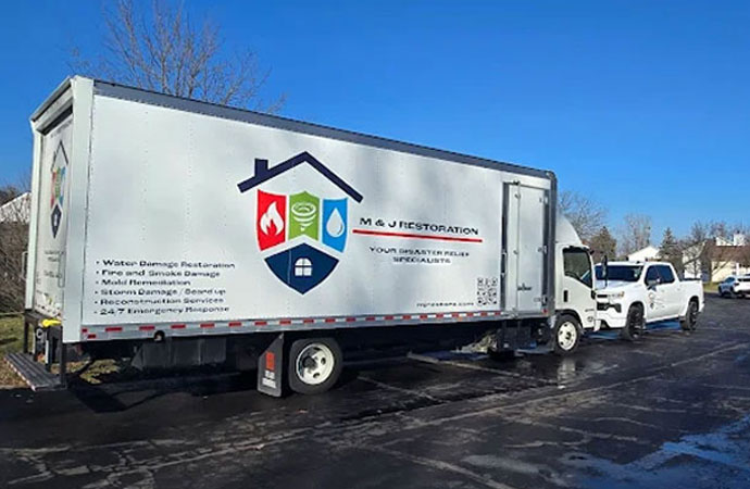 M & J Restoration emergency response truck parked on a residential street providing water and fire damage restoration services