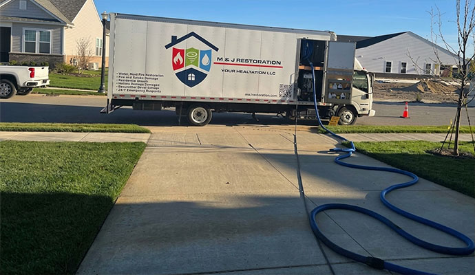M&J Restoration truck with extraction hoses running into residential property