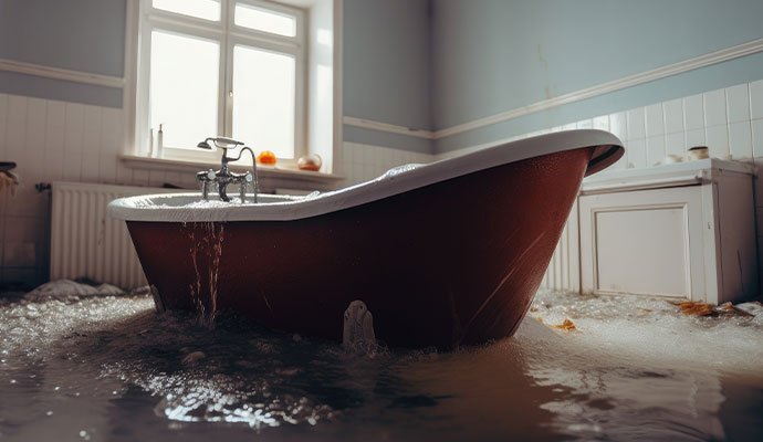 Red clawfoot bathtub overflowing with water flooding a bathroom floor and causing significant residential water damage