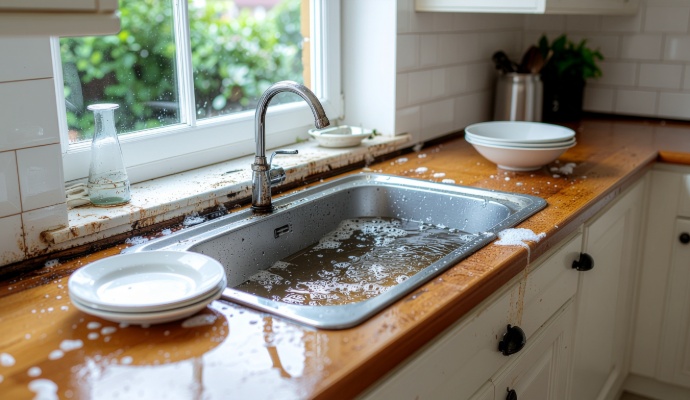 Clogged kitchen sink overflowing with soapy water onto wooden countertops