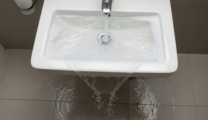 Overhead view of a bathroom sink overflowing with water onto a tiled floor needing emergency restoration