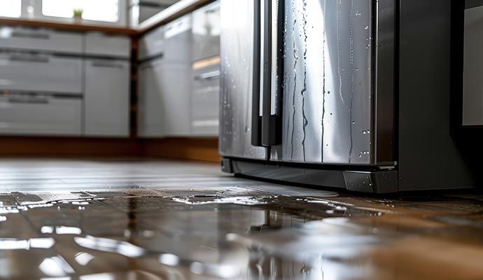 A refrigerator leaking water on wooden floor