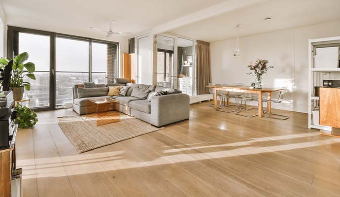 Restored residential living and dining room after smoke damage