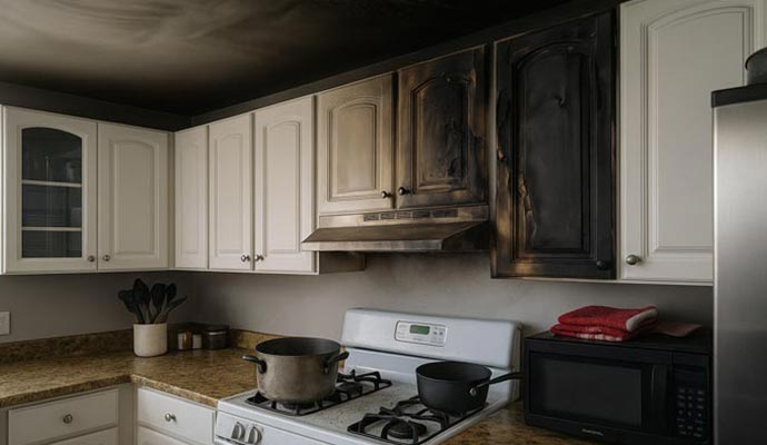 Smoke and fire damage on kitchen cabinets