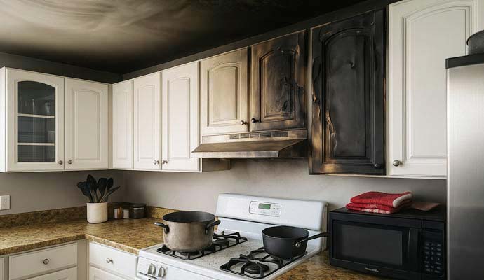 Charred and soot damaged kitchen cabinets above stove
